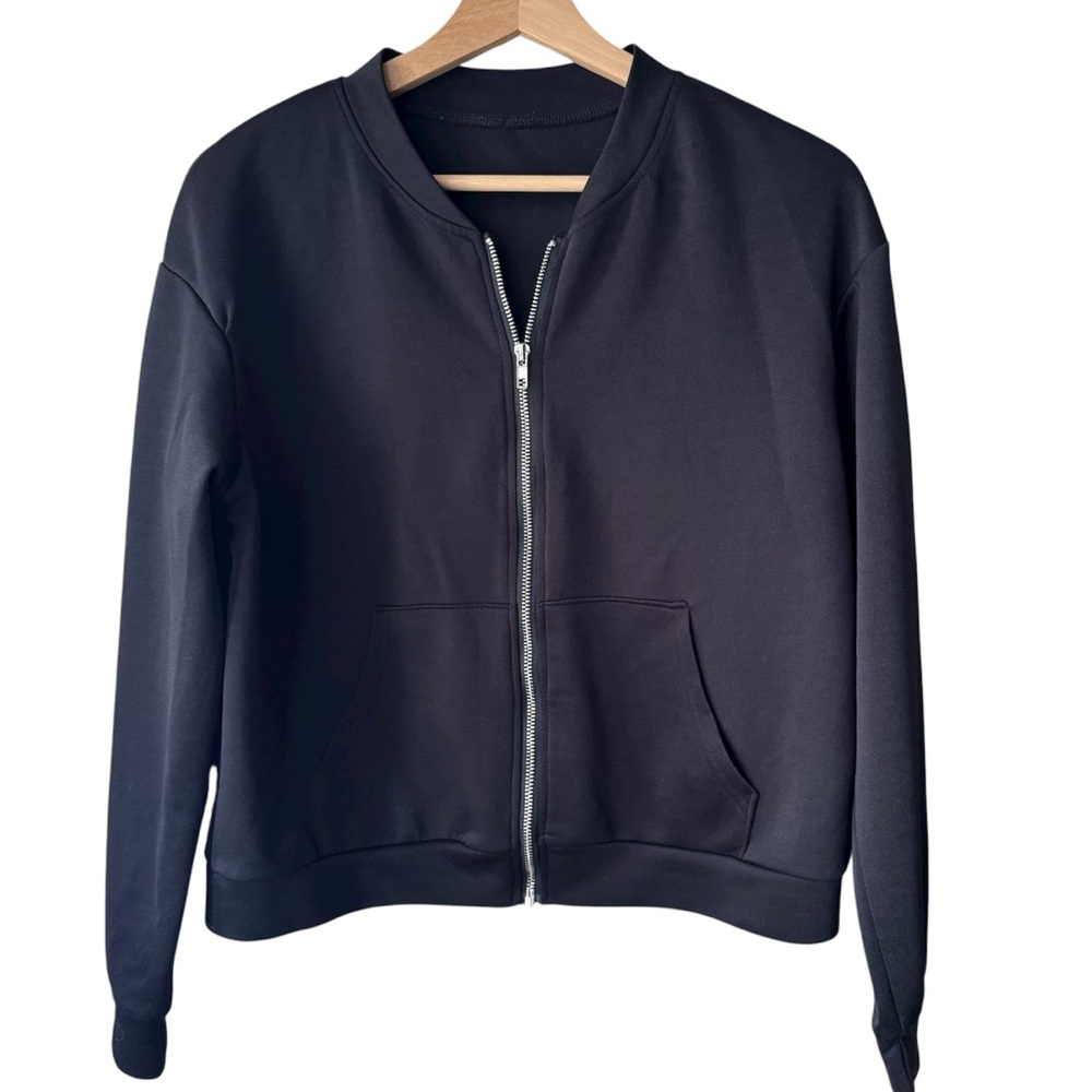 Black Thin Bomber Jacket w/ Silver Zipper & Pockets - Size L